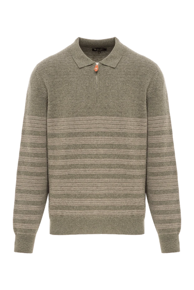Шерстяной свитер-поло зеленый с рельефными полосами и молнией - фото 1