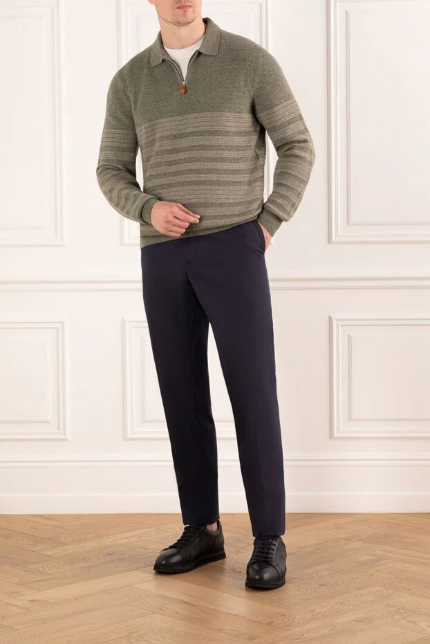 Шерстяной свитер-поло зеленый с рельефными полосами и молнией - фото 2