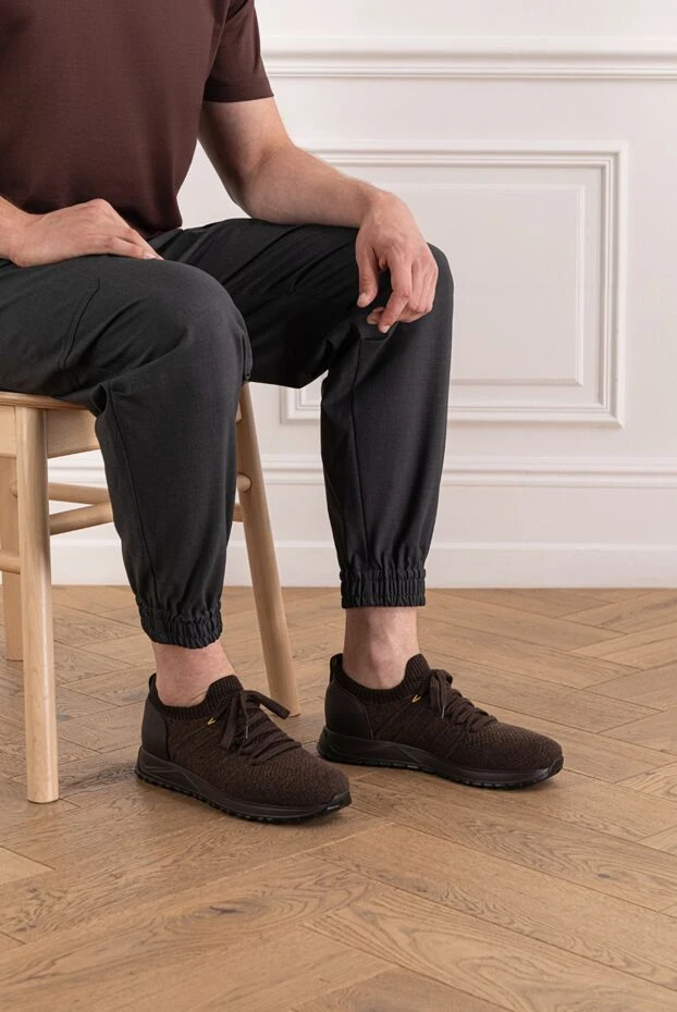 Doucal`s knitted brown sneakers with leather on the heel and a textured sole 190533 - photo 2