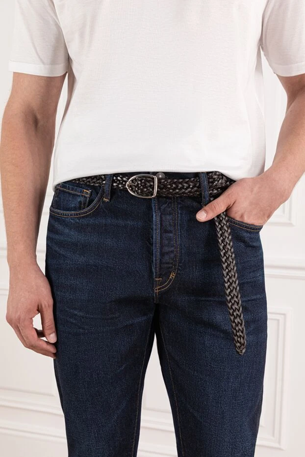 Brown leather belt with braided design and metal buckle
 - photo 2