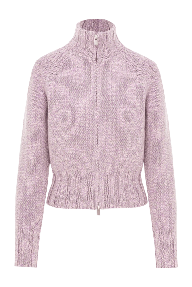 A thick purple cardigan with ribbed trim and a high collar fastening.
- photo 1