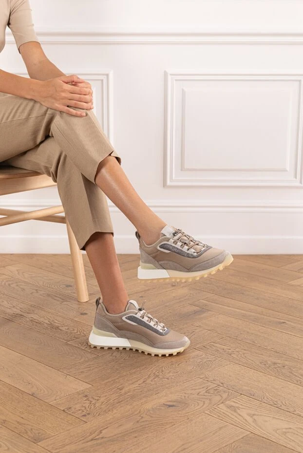 Кроссовки из текстиля и замши с декором Мониль бежевые женские - фото 2