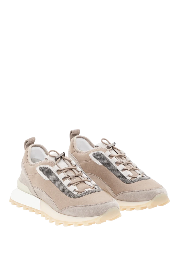 Brunello Cucinelli кроссовки из текстиля и замши с декором мониль бежевые женские 190578 - фото 3