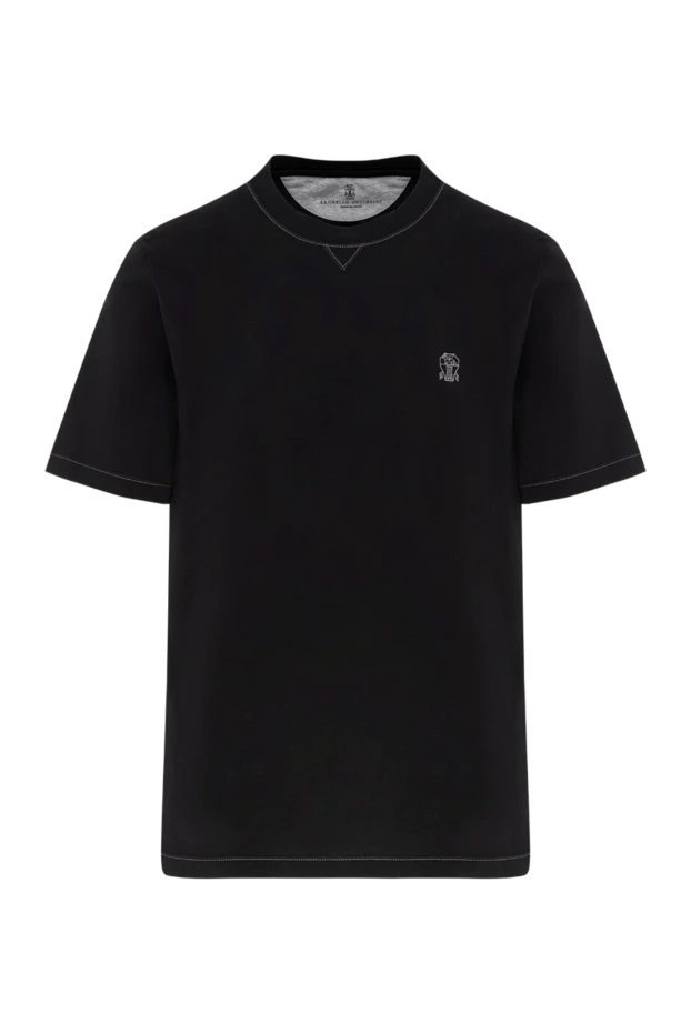 Basic black cotton T-shirt with a decorative insert at the neckline - photo 1