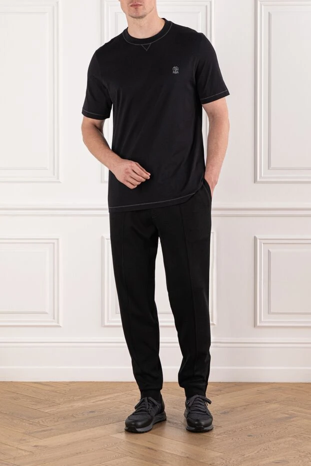 Basic black cotton T-shirt with a decorative insert at the neckline - photo 2