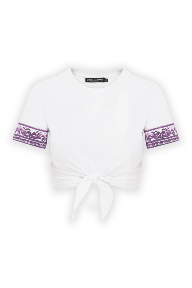 Футболка белая укороченная с узлом и фиолетовым декоративным орнаментом - фото 1