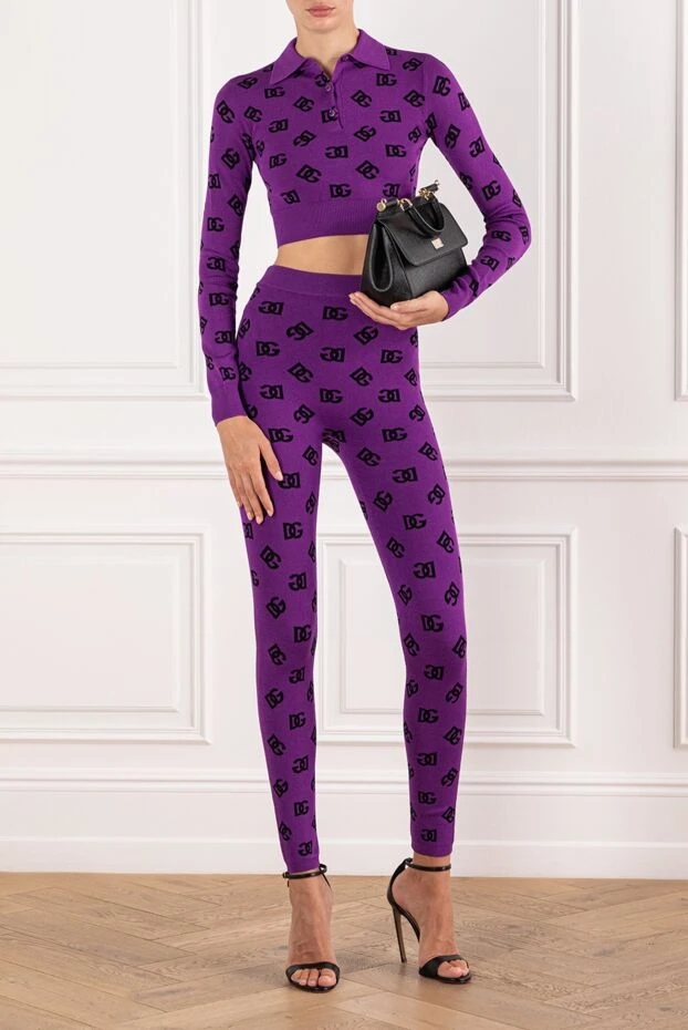 Женский прогулочный костюм лонгслив из фиолетового жаккарда с легинсами - фото 2