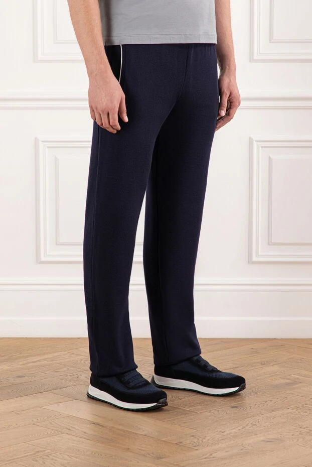 Cesare di Napoli қою көк түсті жүннен тоқылған спорттық шалбар, ақ белбеу
 190687 - фото 3