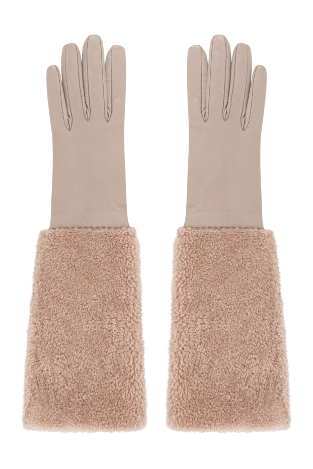 Women's long leather gloves with fur cuff, beige
- photo 1