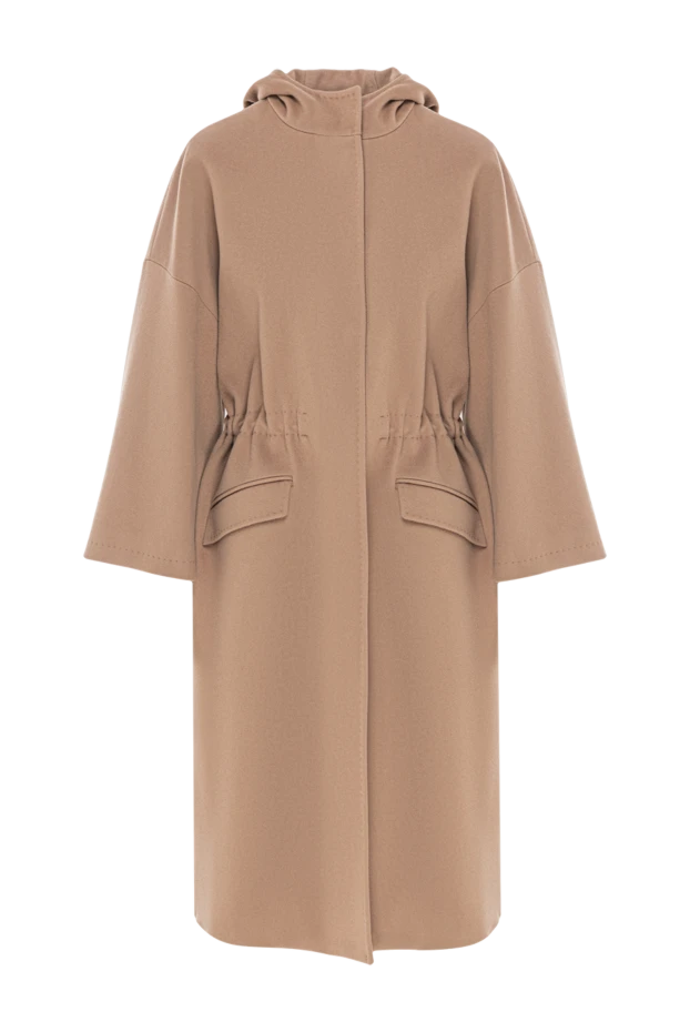 Пальто бежевое свободного кроя из шерсти с капюшоном и поясом - фото 1
