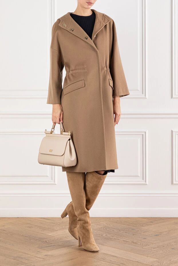 Heresis пальто бежевое свободного кроя из шерсти с капюшоном и поясом 190835 - фото 2