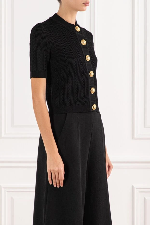 Balmain черный вязаный кардиган с коротким рукавом и золотыми пуговицами 190842 - фото 3