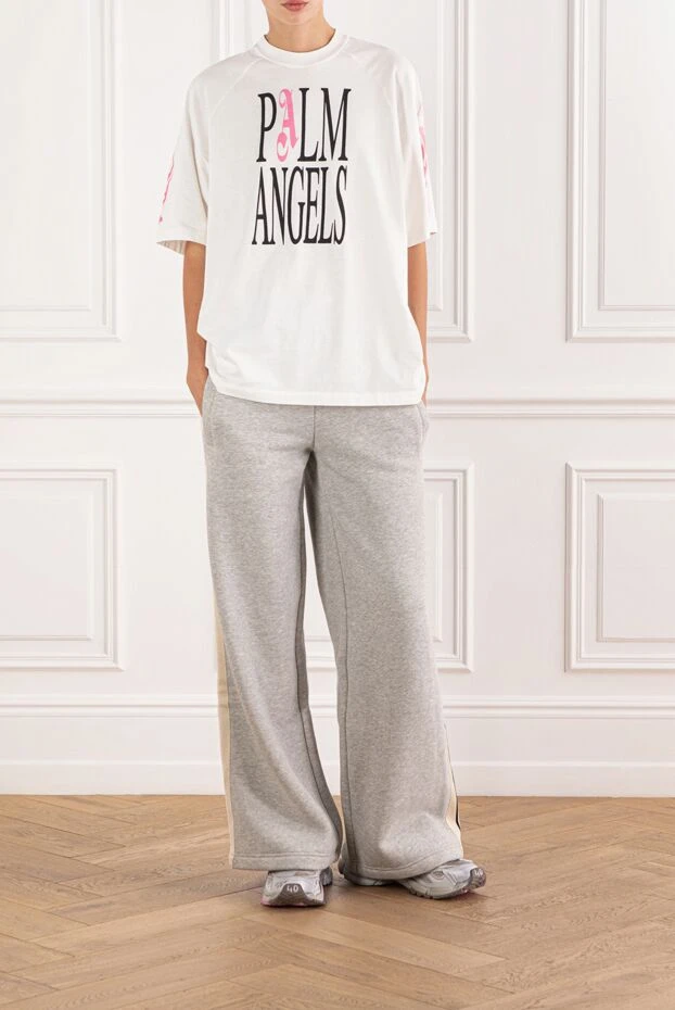 Palm Angels фирмалық акцент пен жең графикасы бар ақ жұмсақ мақта футболка 190848 - фото 2