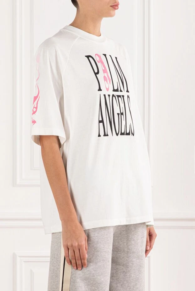 Palm Angels фирмалық акцент пен жең графикасы бар ақ жұмсақ мақта футболка 190848 - фото 3