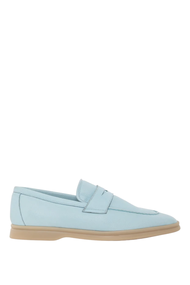 Women's light blue leather loafers with a bridge - photo 1