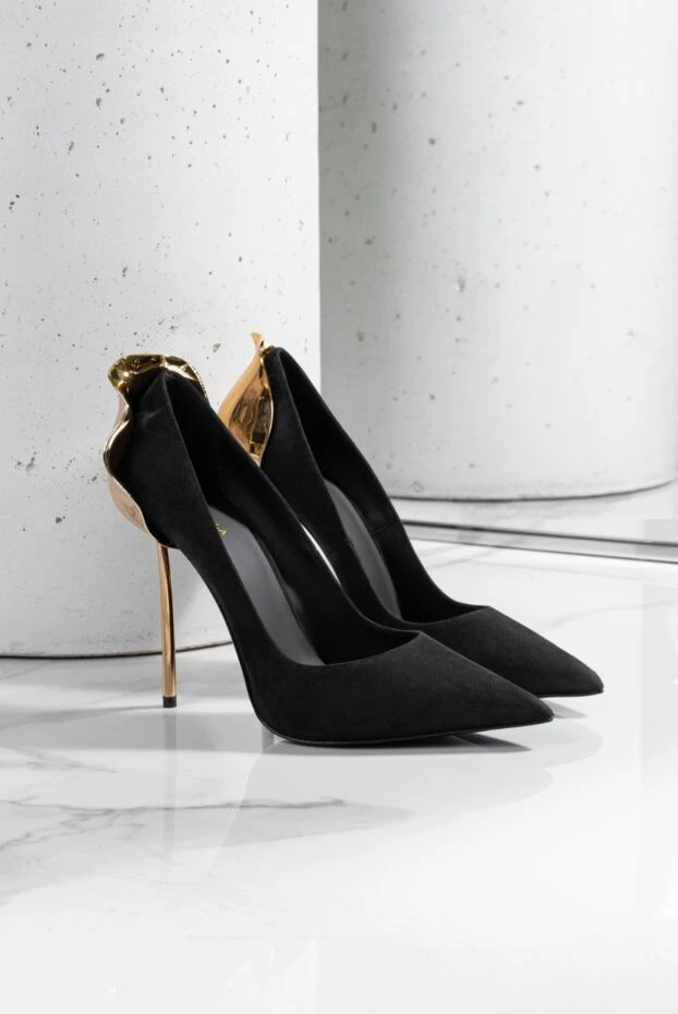 Le Silla туфли petalo из чёрной замши и телячьей кожи на золотом каблуке-шпилька 190961 - фото 2