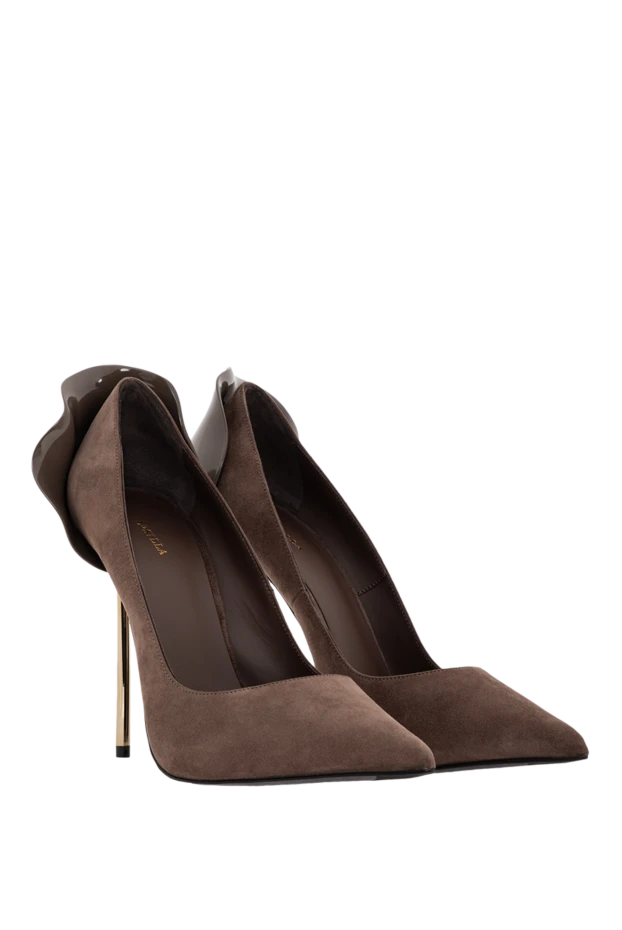 Le Silla туфли petalo из замши коричневые с фирменным лепестком на каблуке 190965 - фото 3