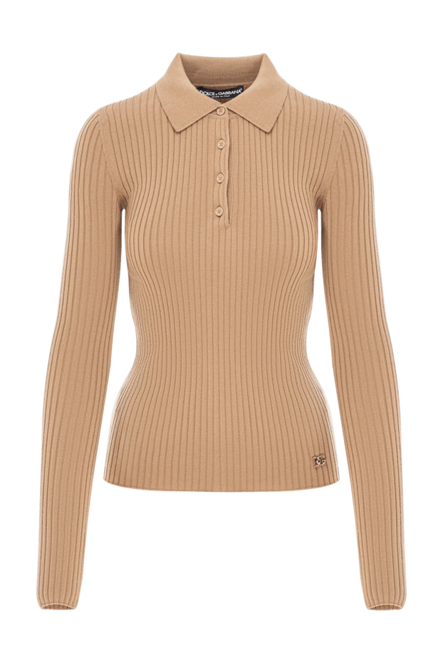 Beige women's ribbed wool polo shirt - photo 1