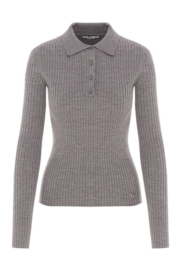 Серое поло с длинным рукавом из натуральной шерсти в рубчик - фото 1