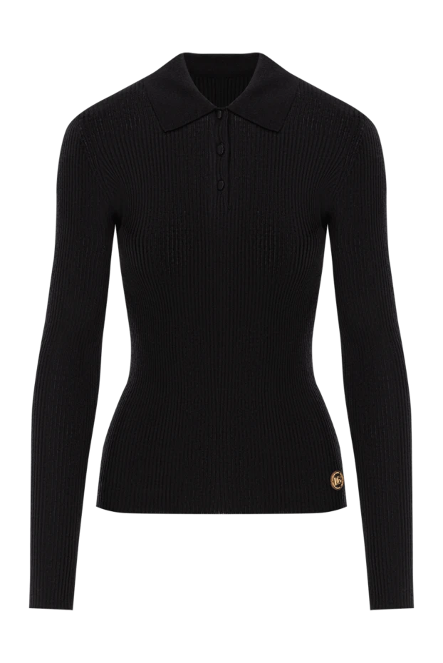 Трикотажное поло с длинными рукавами из кашемира черное в рубчик - фото 1