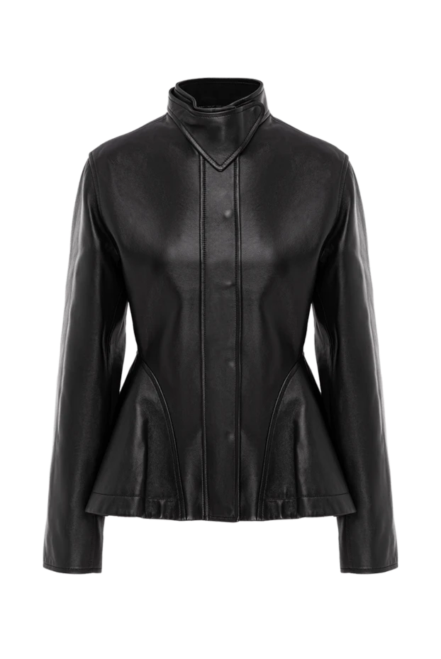 Черная кожаная куртка с приталенным силуэтом и стойкой - фото 1