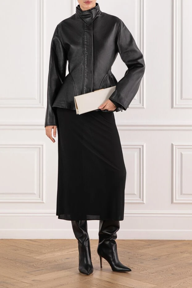 Alaia black leather jacket with a fitted silhouette and a stand-up collar 191001 - photo 2