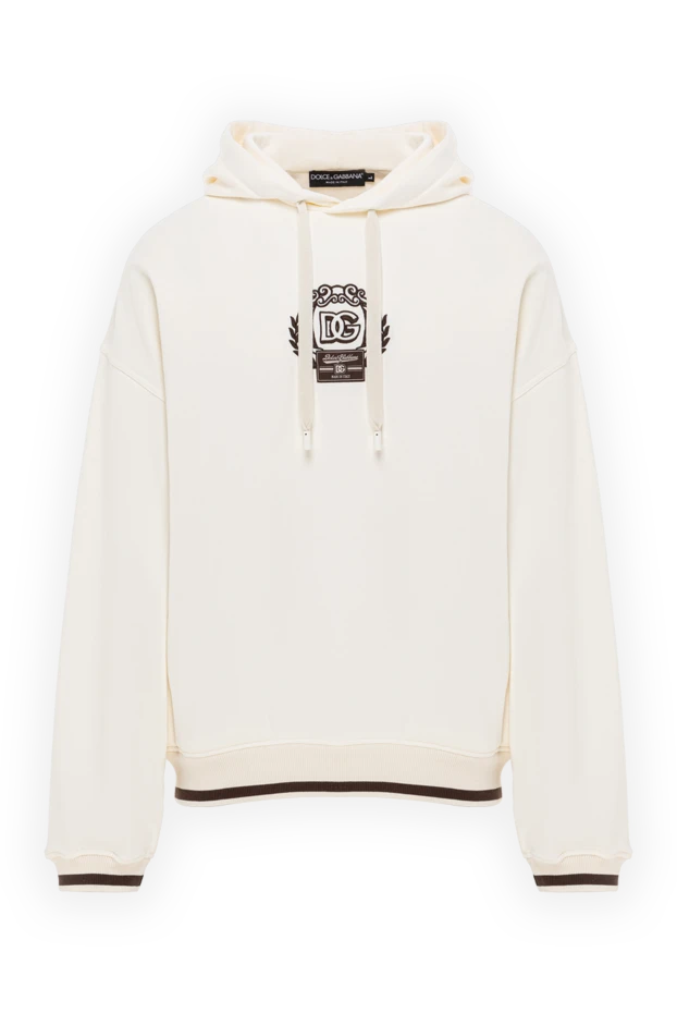 Худи из хлопка айвори с логотипом и отделкой по низу - фото 1