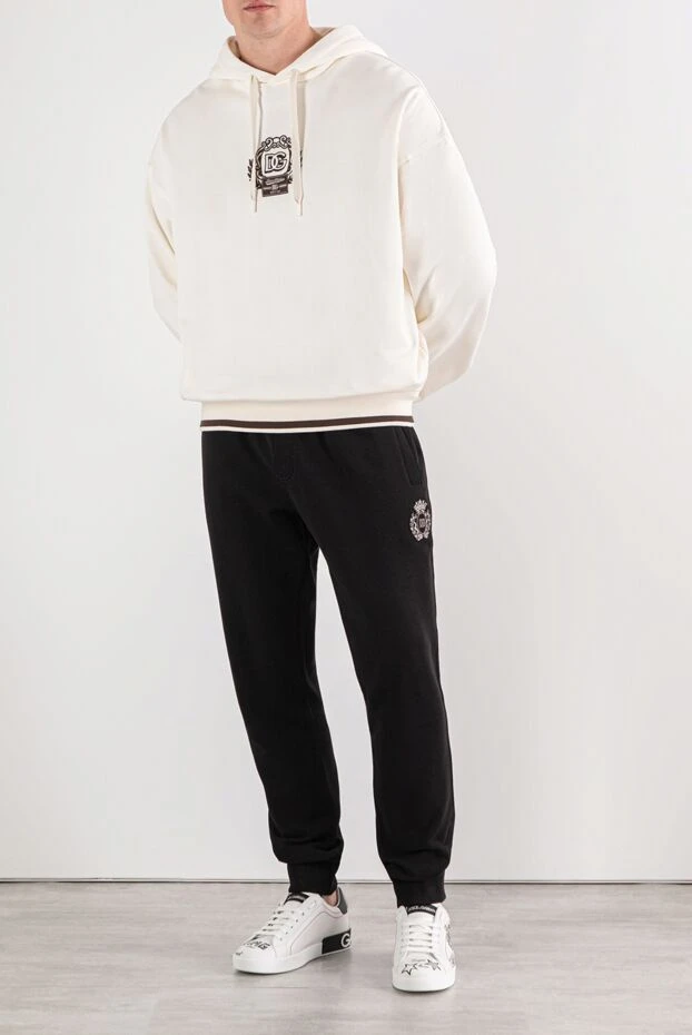 Худи из хлопка айвори с логотипом и отделкой по низу - фото 2