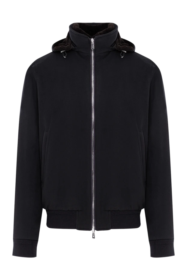 Navy blue wool and cashmere bomber jacket with fur lining
- photo 1