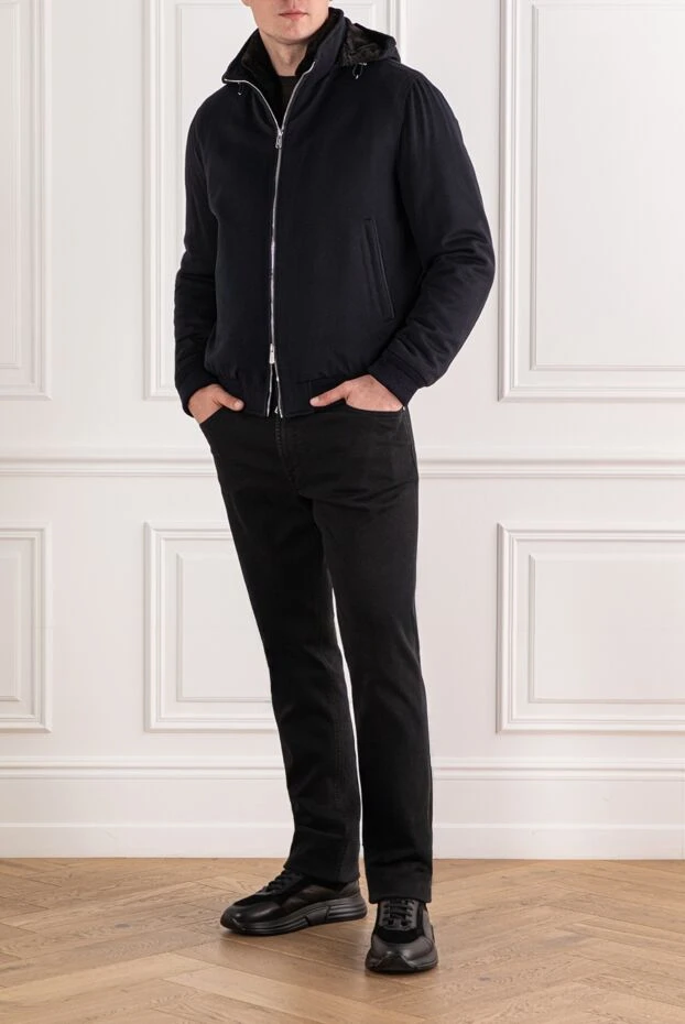 Lenoci navy blue wool and cashmere bomber jacket with fur lining
 191150 - photo 2