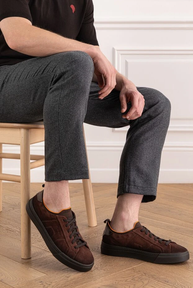 Santoni контрастты әрлеуі бар қоңыр күдері кроссовкалар 191274 - фото 2