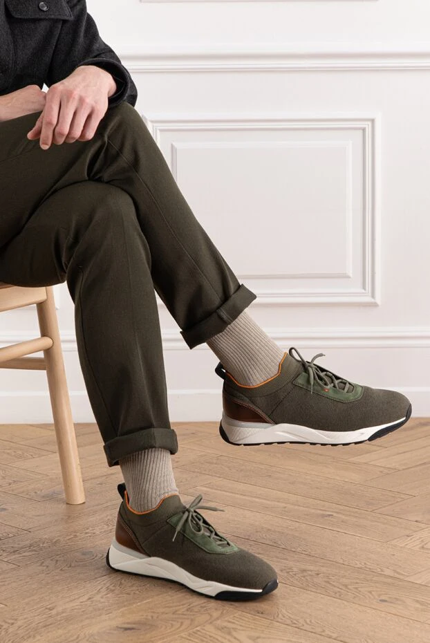 Santoni мужские зеленые кроссовки из эластичного трикотажа и кожи
191278 - фото 2