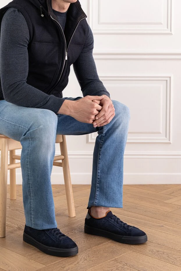 Santoni мужские синие кроссовки без застежек из замши и кожи 191282 - фото 2