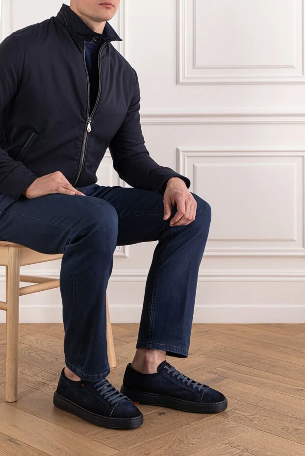 Santoni men's dark blue suede sneakers with bright orange detailing
191283 - photo 2