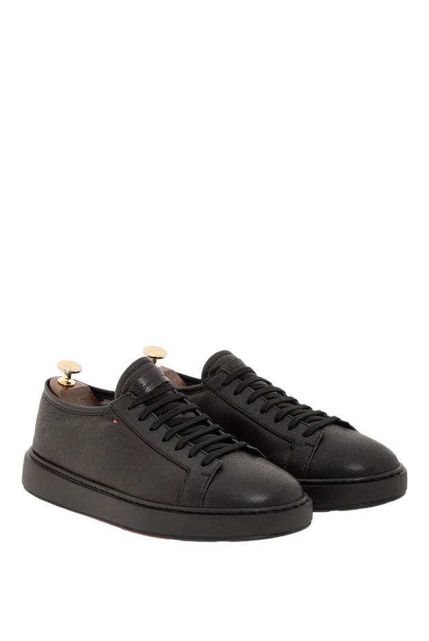 Santoni мужские кожаные кроссовки с мехом внутри и минималистичным дизайном черные 191287 - фото 3