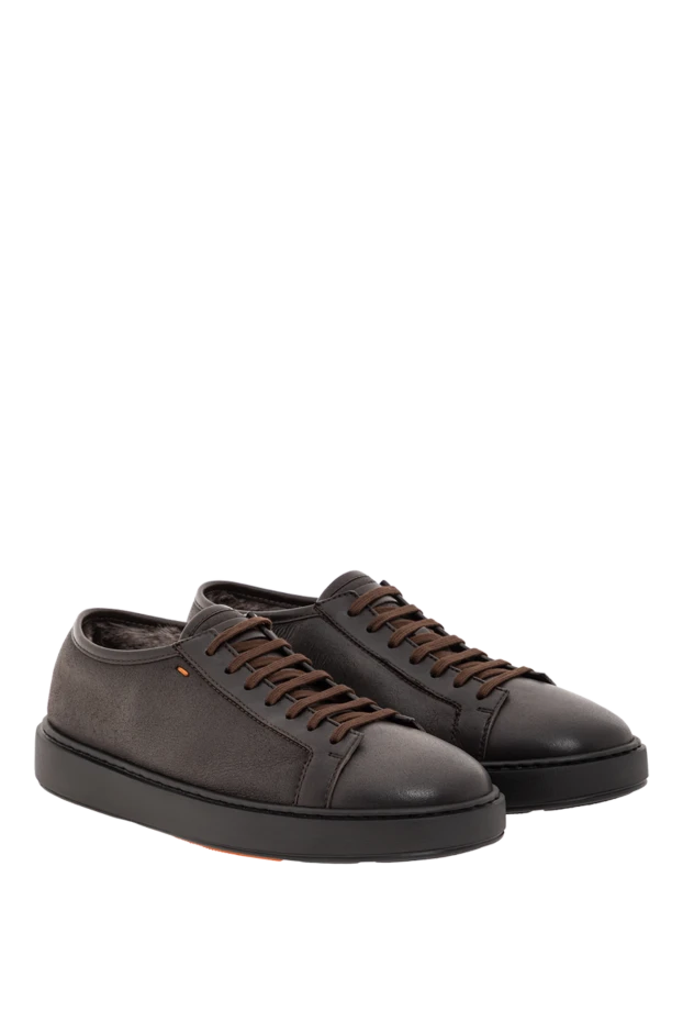 Santoni мужские кожаные кроссовки с мехом внутри и минималистичным дизайном коричневые 191288 - фото 3