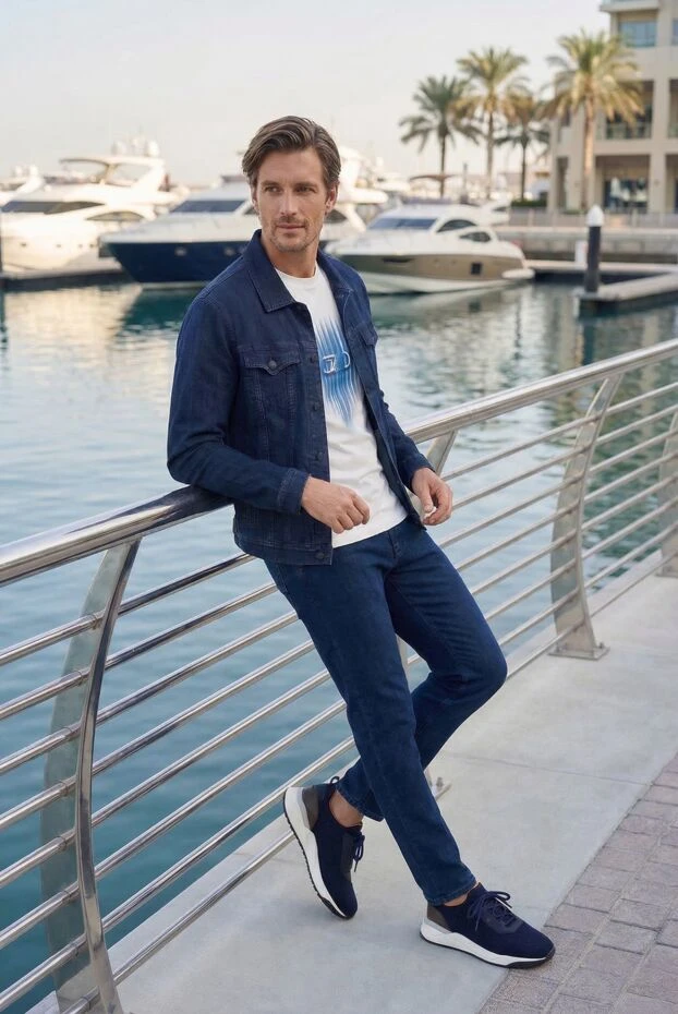 Santoni men's blue sneakers made of elastic jersey with a white sole 191289 - photo 2