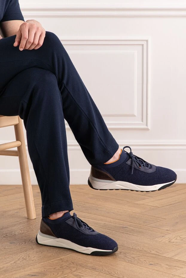 Santoni мужские синие кроссовки из эластичного трикотажа на белой подошве
 191289 - фото 3