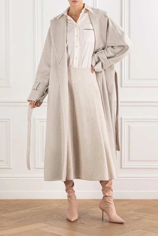 Brunello Cucinelli кашемировое бежевое пальто с широкими лацканами и поясом
 191319 - фото 2