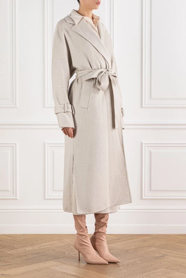 Brunello Cucinelli кашемировое бежевое пальто с широкими лацканами и поясом
 191319 - фото 3
