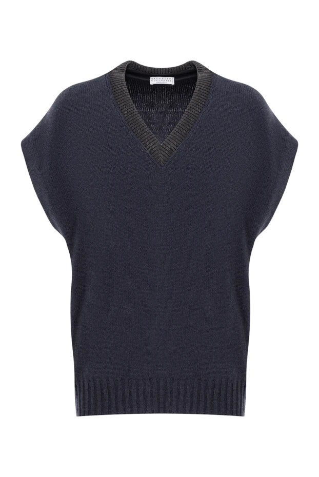 Кашемировый жилет тёмно синего цвета с контрастной горловиной - фото 1