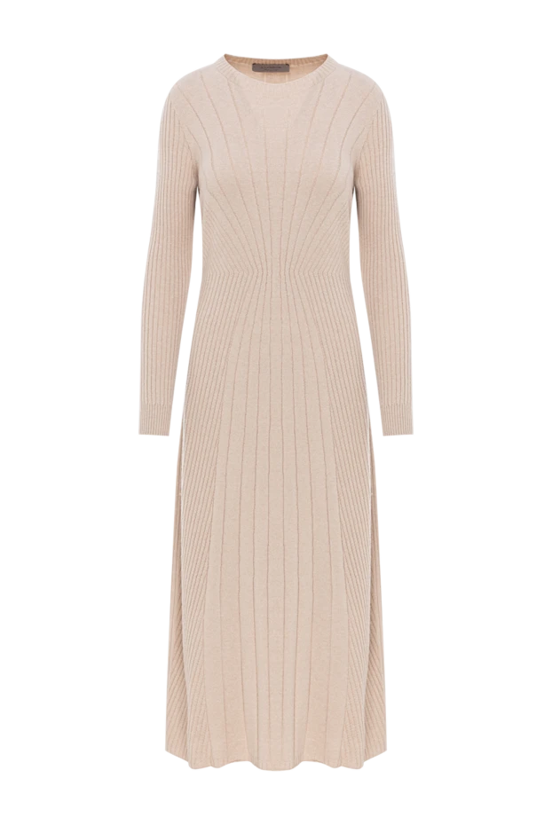 Ұзын жеңді және дөңгелек мойын сызығы бар бежевый қырлы көйлек - фото 1