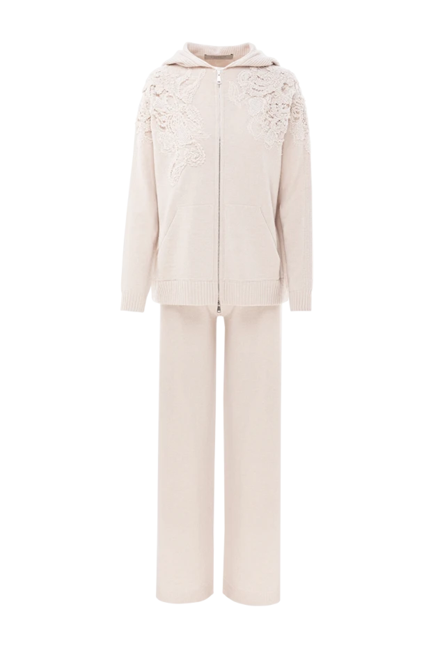 Прогулочный костюм молочного цвета с ажурными вставками на плечах - фото 1