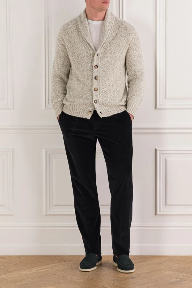 Мужской кардиган из кашемира в рубчик с шалевым воротником - фото 2