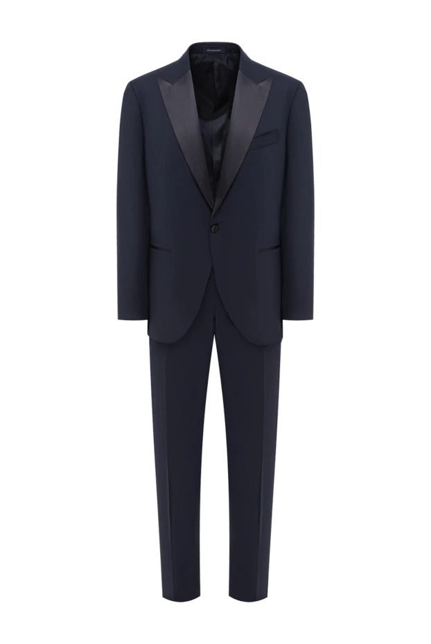 Смокинг шерстяной темно синий с атласными лацканами - фото 1