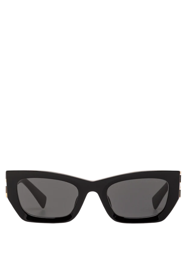 Солнцезащитные очки в черном цвете с темно-серыми линзами и крупным золотистым логотипом - фото 1