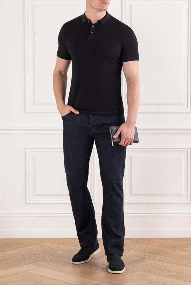 Brunello Cucinelli көк түймелері бар классикалық қара ерлерге арналған мақтадан жасалған поло жейдесі 191688 - фото 2
