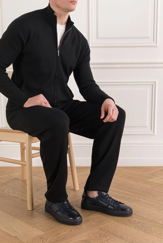 Santoni black leather double buckle sneakers with crocodile insert 191824 - photo 2