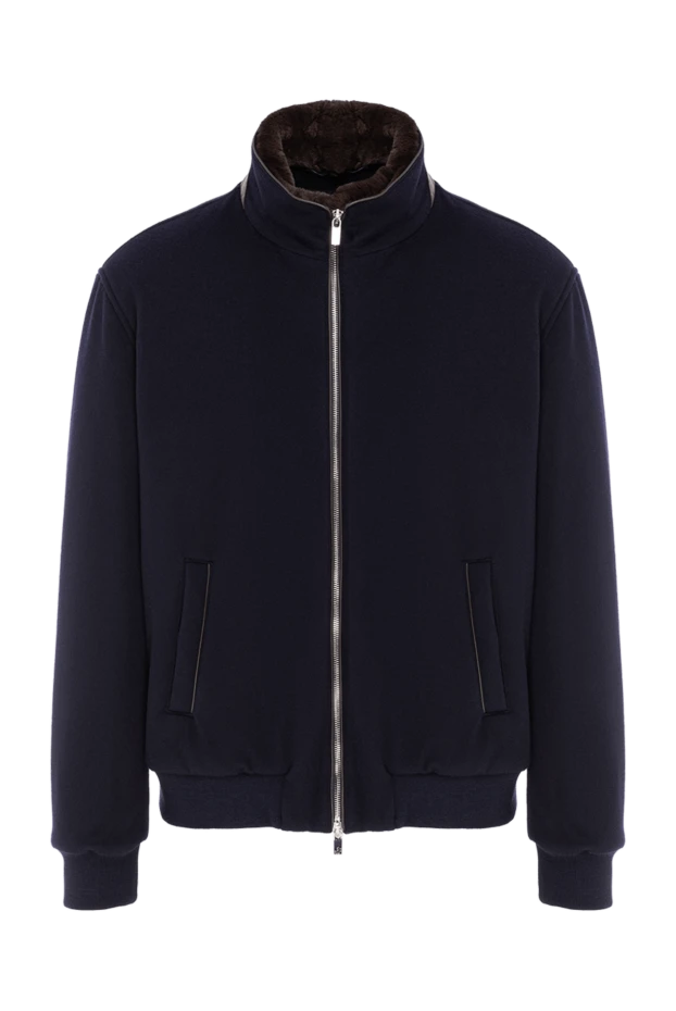 Бомбер из шерсти синий с воротником на натуральном меху - фото 1