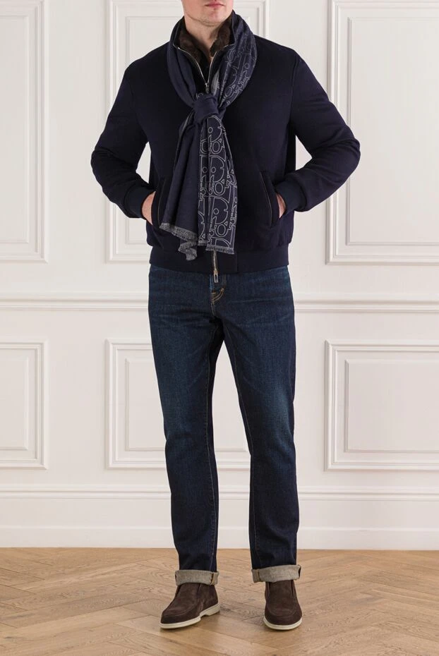 Бомбер из шерсти синий с воротником на натуральном меху - фото 2